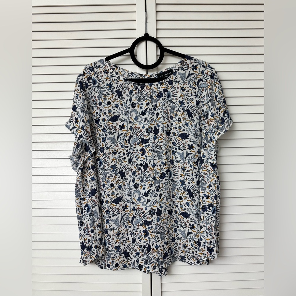 Premise Navy & Ivory Floral Short-Sleeve Blouse, Size: 2X, NWT